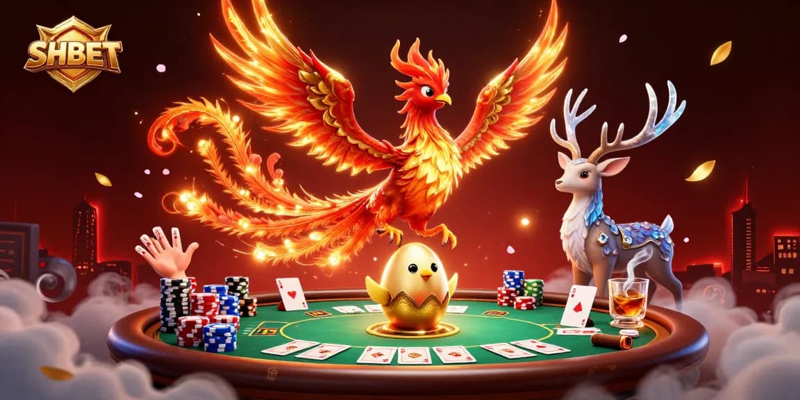 Experience the thrill of SHBET with a vibrant casino scene featuring a fire phoenix and poker elements.