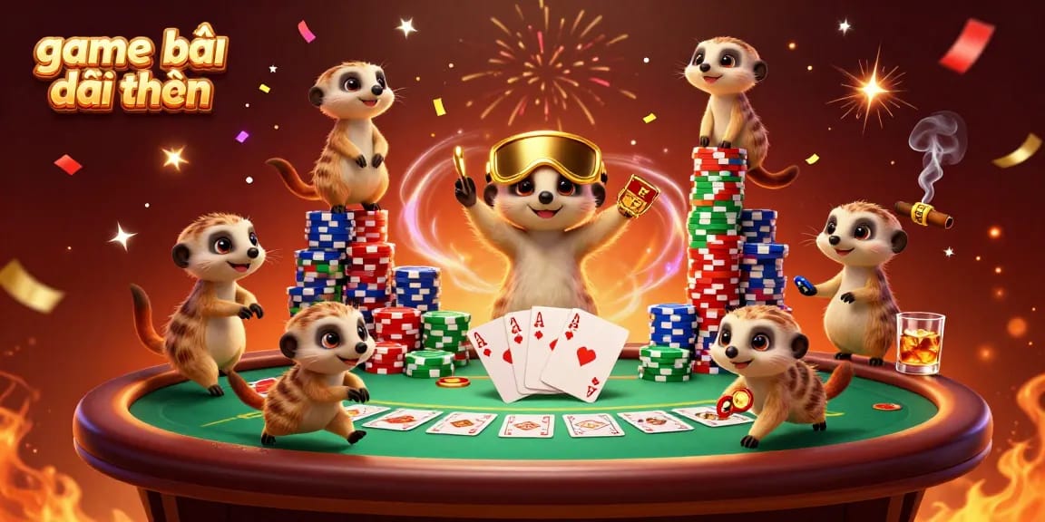 Engaging scene of meerkats managing a vibrant casino, showcasing the game bài đổi thưởng with colorful poker chips.