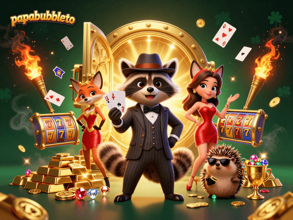 Experience gaming excitement with papabubbleto's vibrant casino scene showcasing a raccoon with a royal flush.