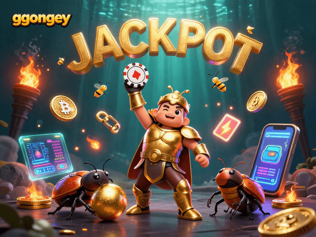 Experience ggongey gaming with a victorious beetle, golden coins, and neon crypto elements.