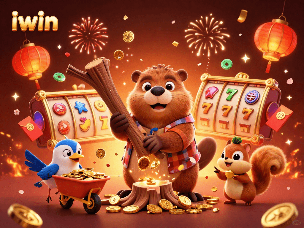 Join the excitement of iwin with our colorful casino scene featuring animated characters and slot reels.