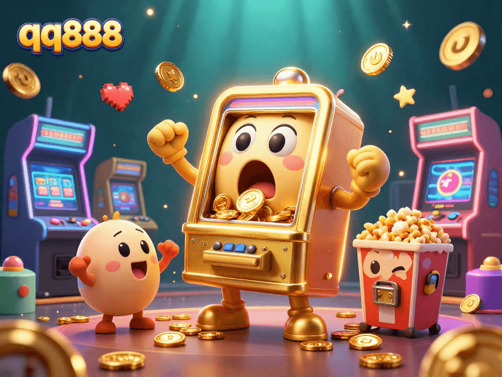 Experience the thrilling jackpot of qq888 with a lively cartoon-style casino scene filled with golden coin excitement.