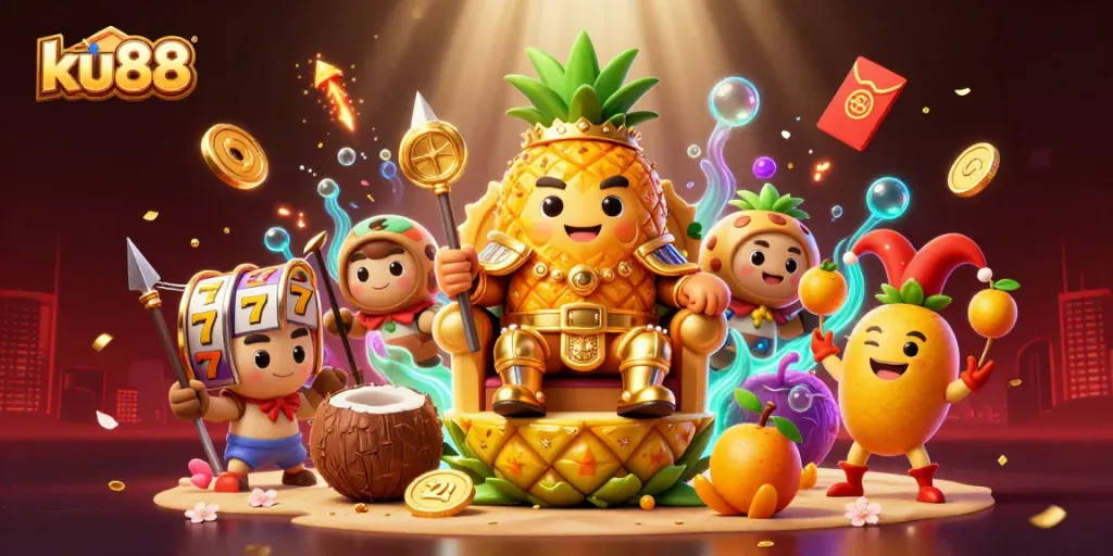 ku88 engaging players at a vibrant casino scene with themed characters showcasing excitement and richness