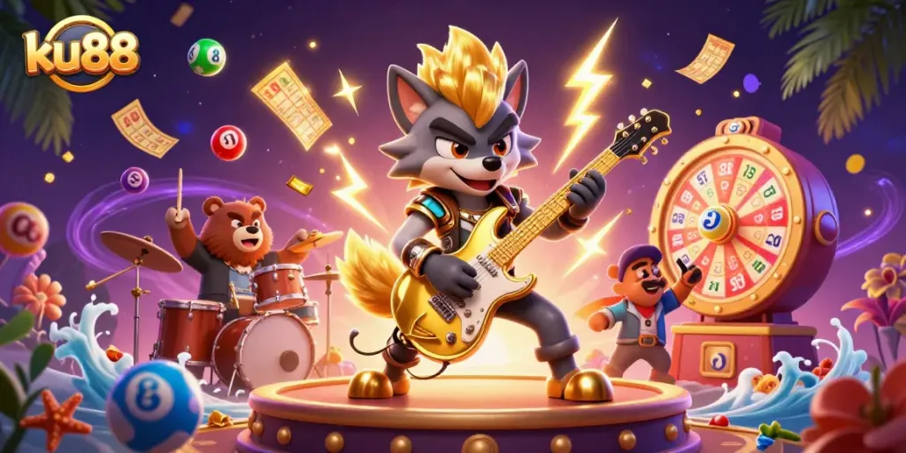 ku88 showcases a vibrant casino scene with a rock star wolf and exciting gaming elements.