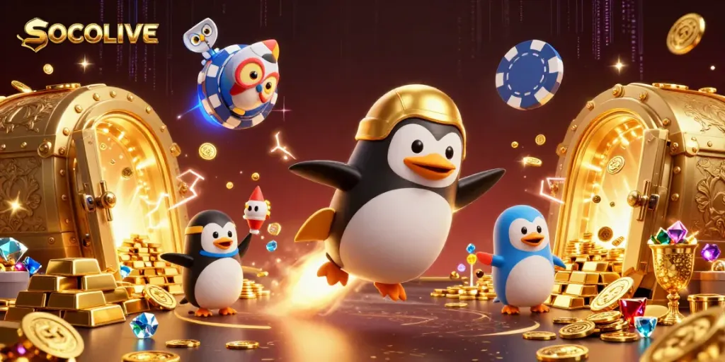 SOCOLIVE showcases a golden penguin navigating a casino-themed universe, enhancing the thrill of betting.