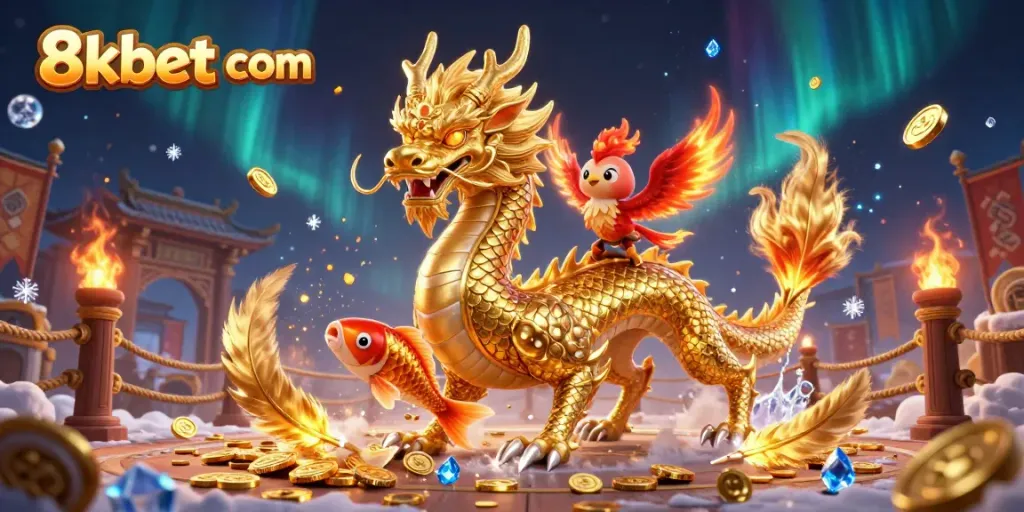 Win big with the 8kbet com dragon, phoenix, and koi fish amidst a lavish casino scene.