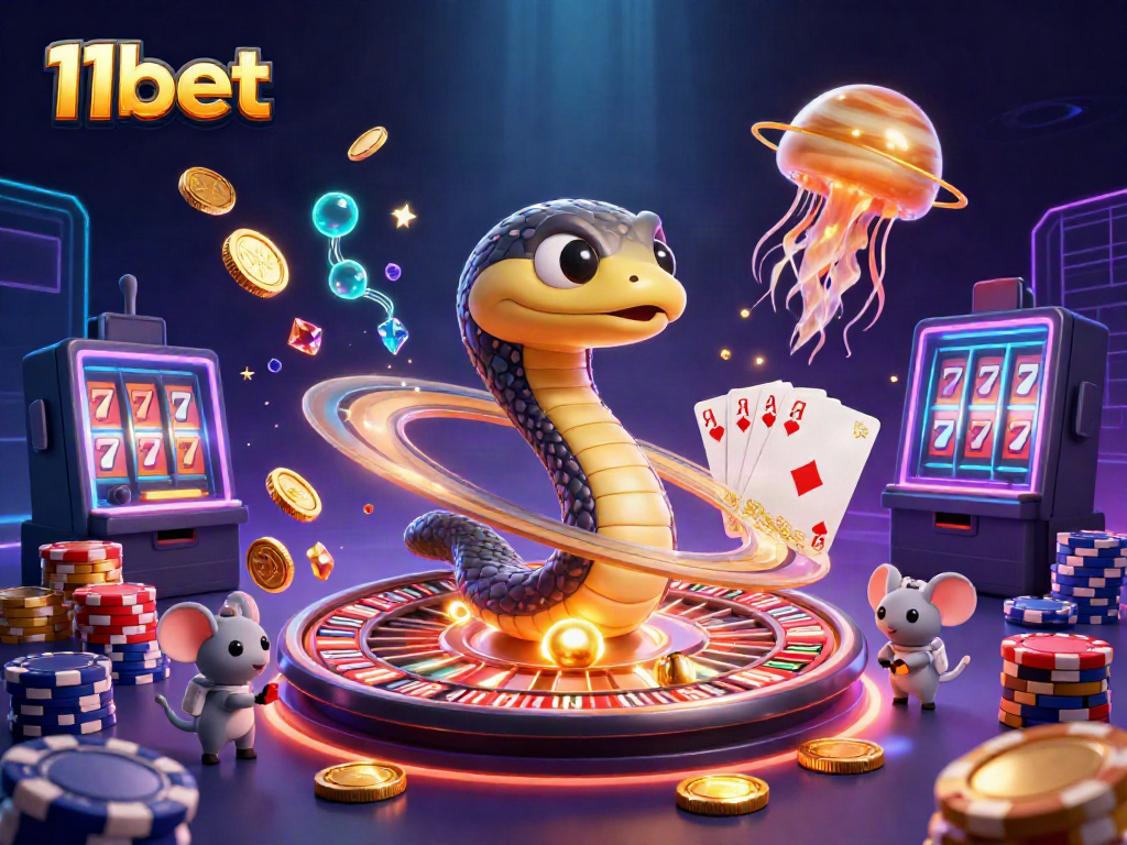 Experience thrilling gameplay at 11bet with cartoon characters engaging in cosmic betting on roulette rings.