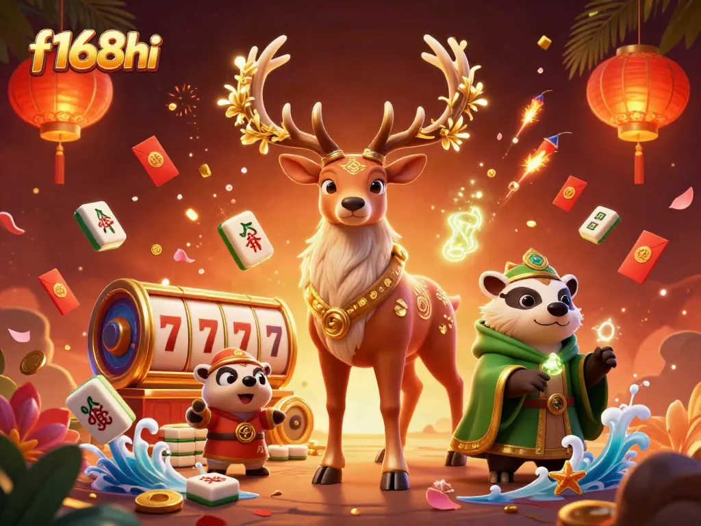 Experience the vibrant gaming world of f168hi with rich visuals of slot reels and magical creatures.
