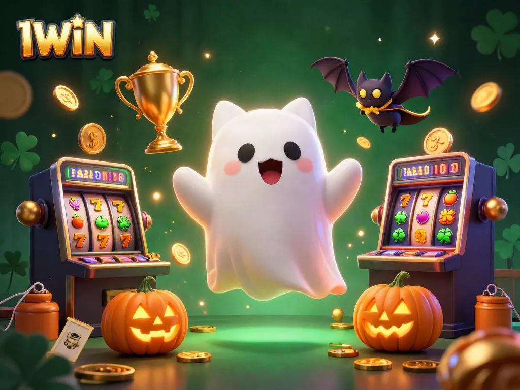 IWIN casino illustration featuring a friendly ghost cat, vampire bat, and glowing jack-o-lanterns amidst dynamic slot reels and gold coins.