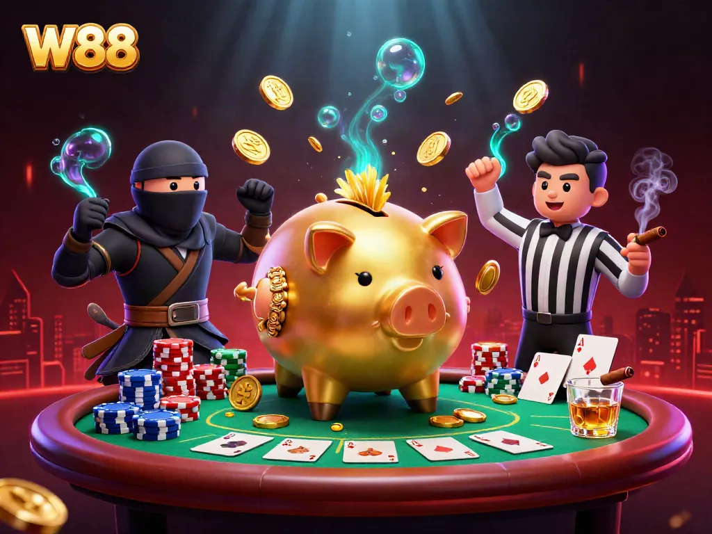 Experience thrilling wins and excitement at W88 with an ultra-detailed 3D casino illustration filled with dynamic gaming elements.