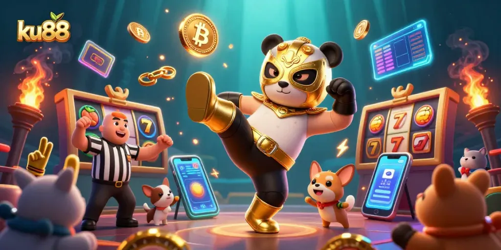 Engage with ku88's vibrant 3D casino action featuring a panda, referee, and joyful animal crowd.