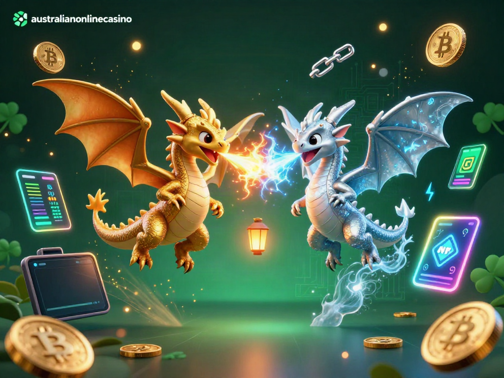 Engage with the thrilling world of australianonlinecasino featuring golden and silver dragons unleashing fire and ice while surrounded by crypto elements.