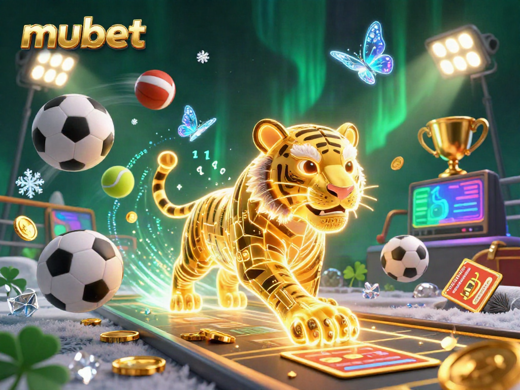 Experience thrilling gameplay at mubet, featuring a golden tiger and dynamic sports elements in a vibrant digital casino.
