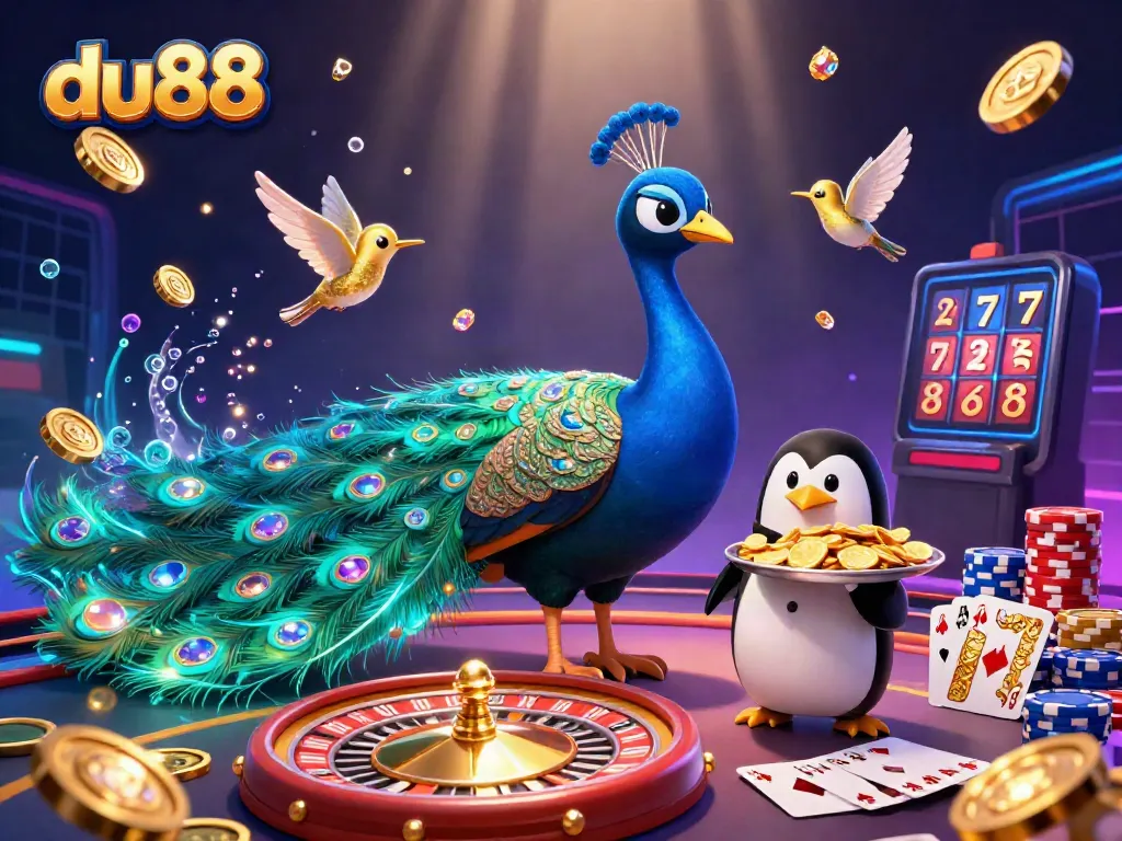 Immerse yourself in du88's vibrant casino world with a dazzling peacock, penguin butler, and gemstone effects.