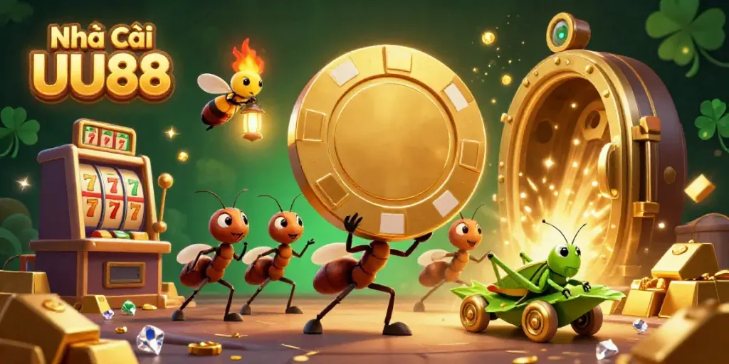 Engage with Nhà cái UU88's vibrant casino world, featuring animated ants on a heist with a giant poker chip.