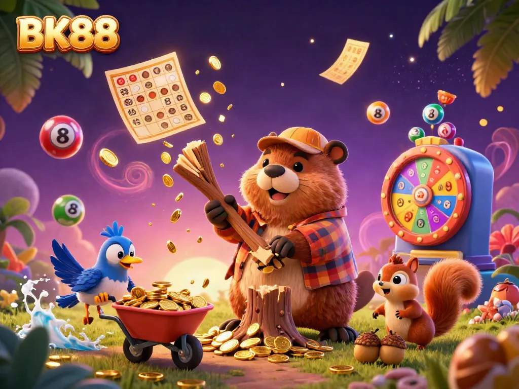 Experience the thrill of BK88 with a dynamic scene of winning symbols and characters in a vibrant casino setting.