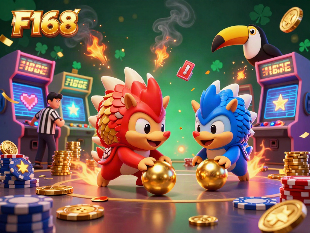 Experience the excitement of F168 with a vivid scene featuring rival pangolins bowling through poker chips in a colorful casino.