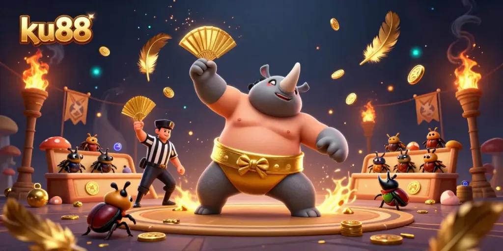 ku88 sports betting scene with dynamic characters and rich casino elements in vibrant 3D illustration