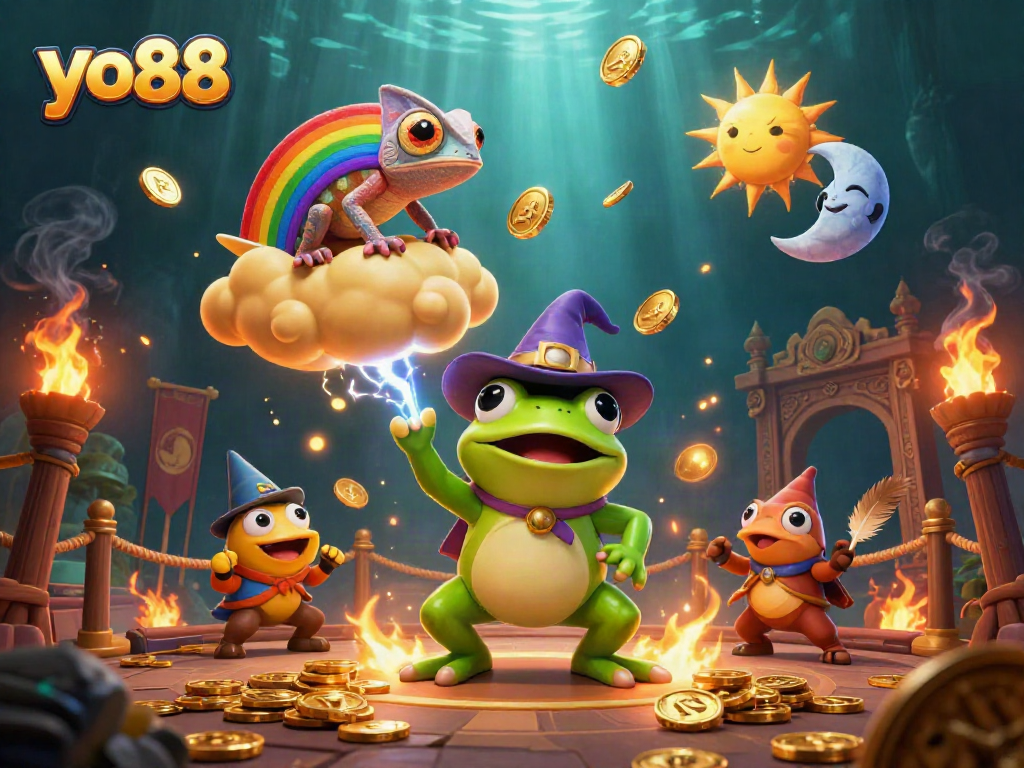Experience the excitement of yo88 with golden coins, dynamic characters, and thrilling casino elements.