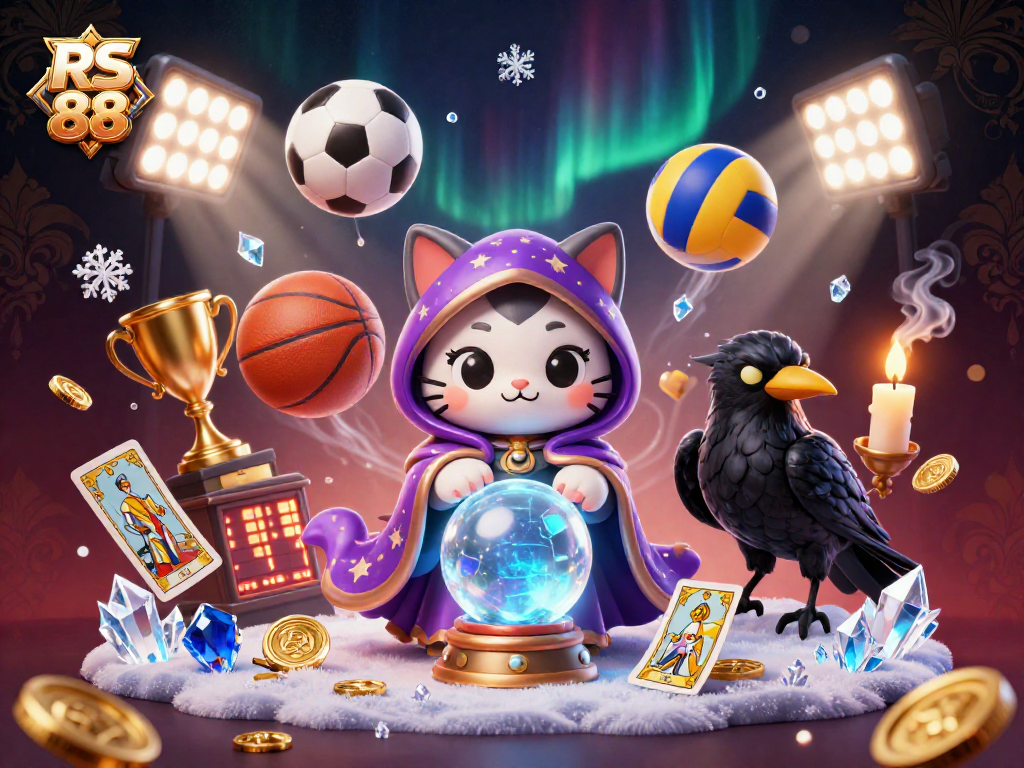 Experience the thrilling gaming atmosphere at RS 88 with a mystic cat, a raven, and lively sports elements.
