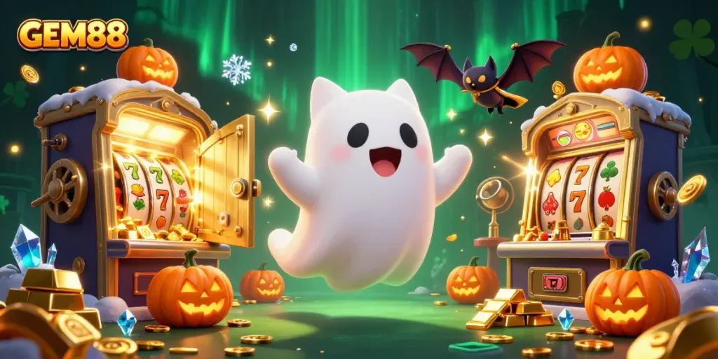 GEM88 offers a thrilling casino experience with friendly ghost and bat characters surrounded by slot elements.