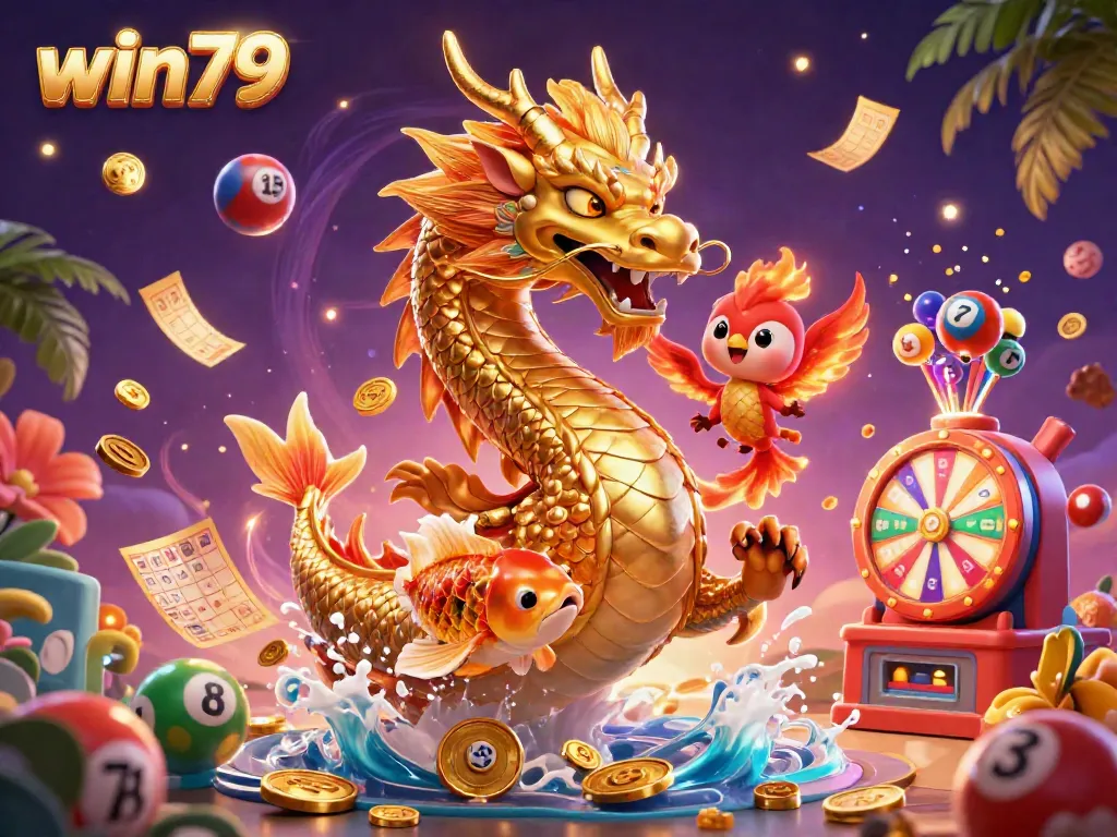 Experience thrilling games with win79, vibrant colorful lottery elements, and a majestic dragon.