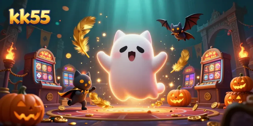 Experience thrilling action at kk55 with a ghost cat, bat, and poker-themed jack-o-lanterns in a vibrant casino scene.