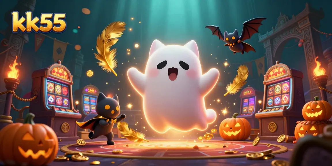 Experience thrilling action at kk55 with a ghost cat, bat, and poker-themed jack-o-lanterns in a vibrant casino scene.
