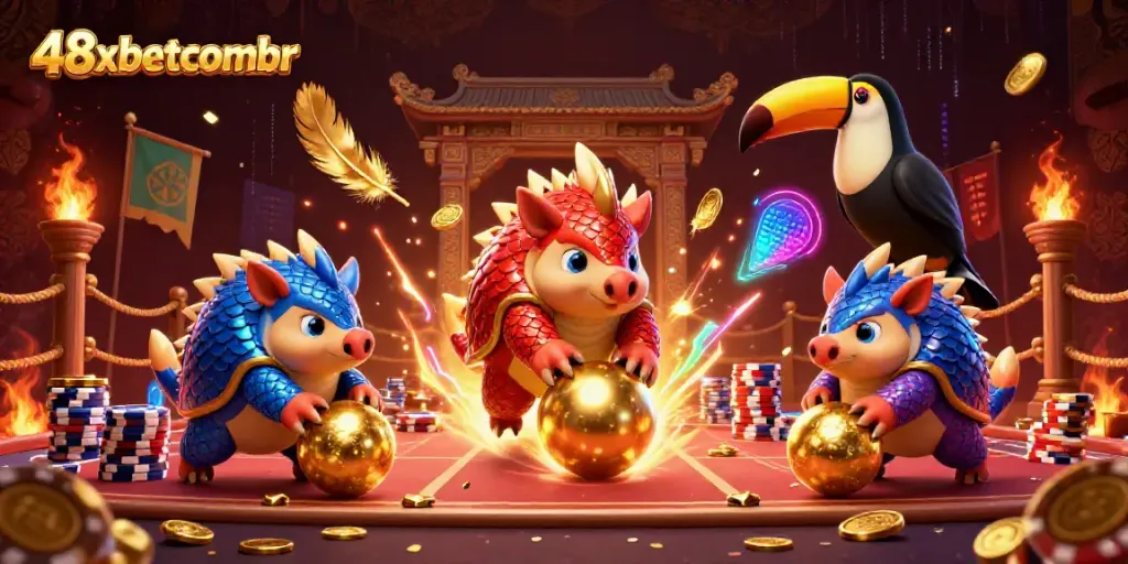 Experience the vibrant action of 48xbetcombr with cartoon pangolins competing in a lively casino scene.