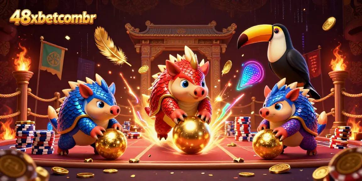 Experience the vibrant action of 48xbetcombr with cartoon pangolins competing in a lively casino scene.