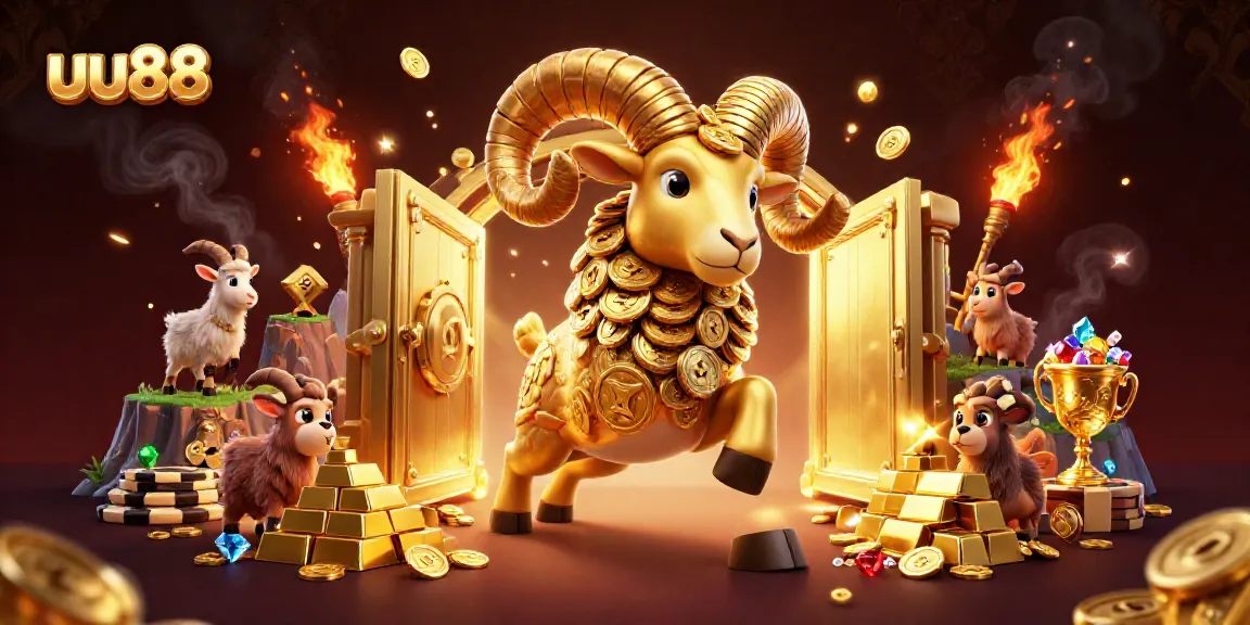uu88 players enjoy a stunning illustration of a golden ram charging through a treasure vault, symbolizing the excitement of online gaming.