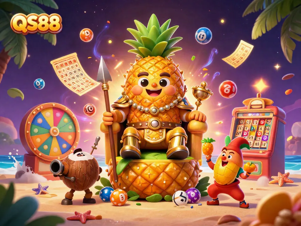 Experience thrilling gaming moments at QS88 with a vibrant 3D scene featuring the golden pineapple king and dynamic game elements.