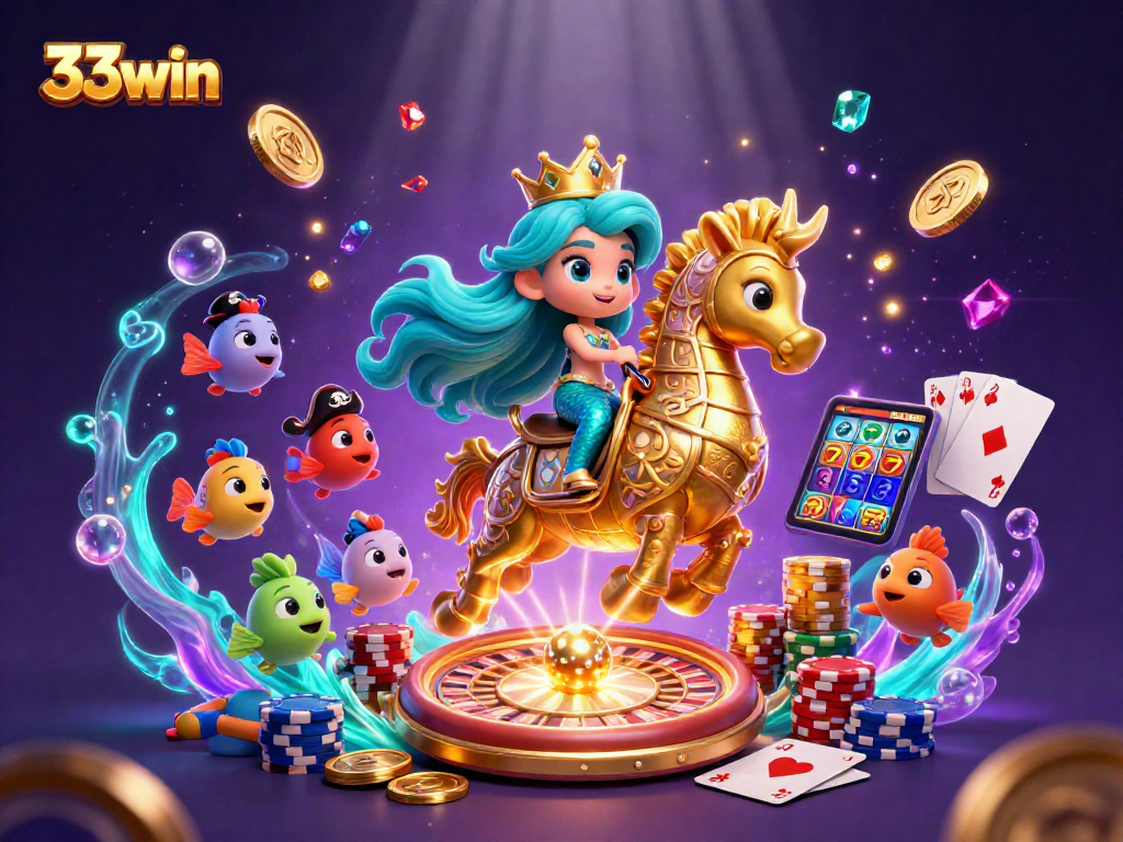 Spin and win with 33win's vibrant 3D casino illustration featuring a mermaid princess!
