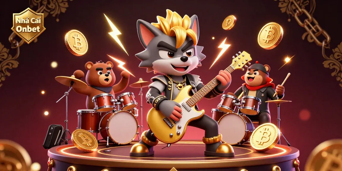 Experience the vibrant energy of Nhà Cái Onbet with a rock star wolf and a drummer bear in a dynamic casino performance.