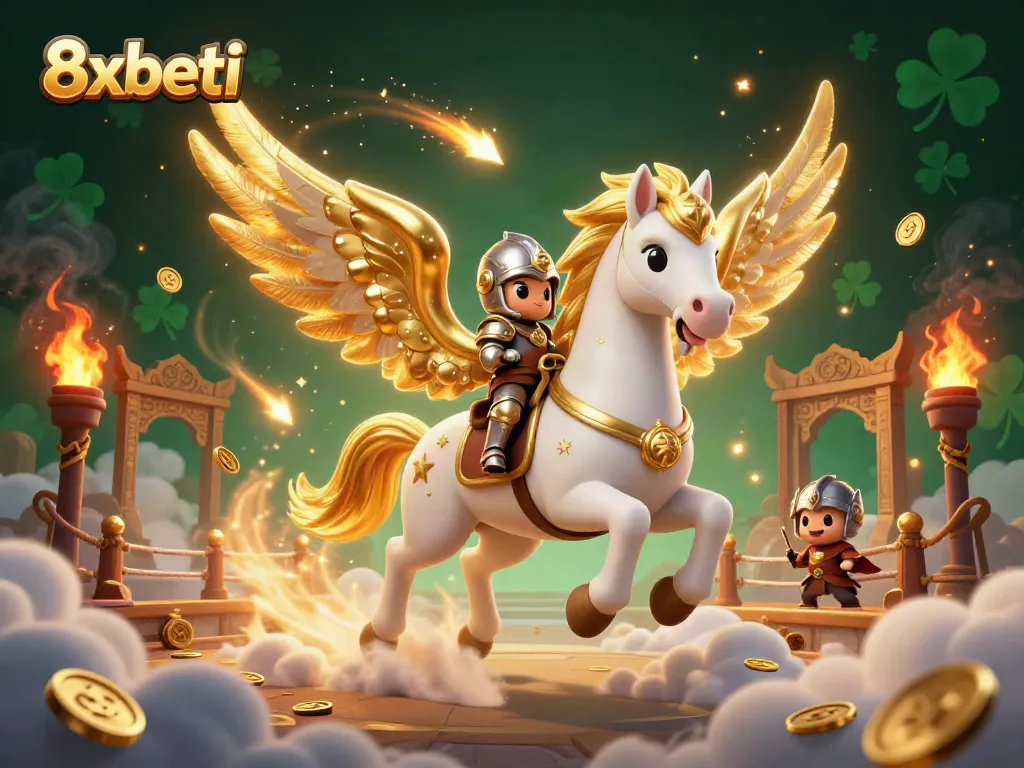 Experience thrilling games at 8xbeti with an epic scene of a celestial horse and knight amidst casino elements.