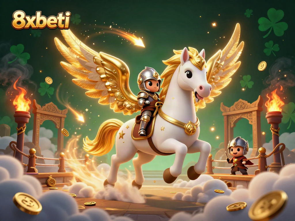 Experience thrilling games at 8xbeti with an epic scene of a celestial horse and knight amidst casino elements.