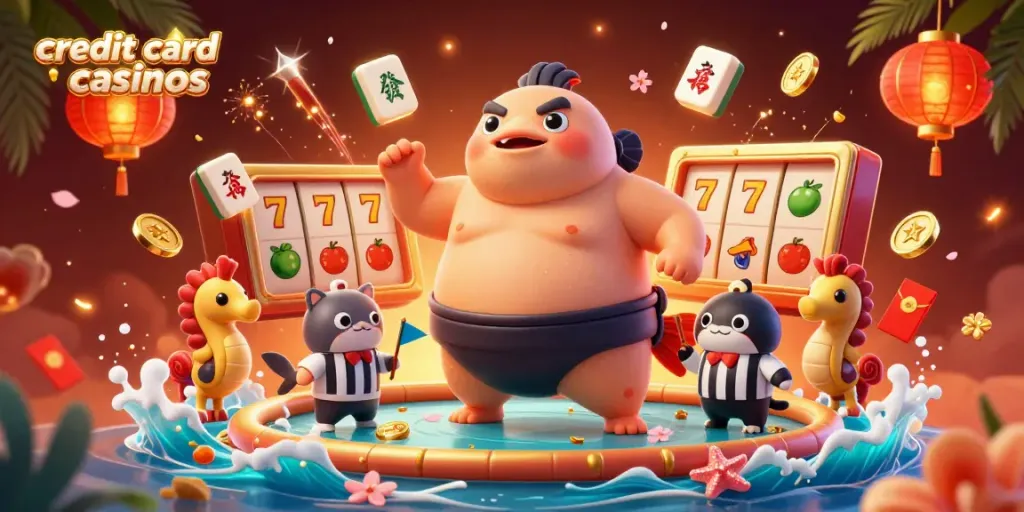 Explore exciting credit card casinos with a fugu in a sumo match, vibrant slot game elements, and festive underwater scenery.