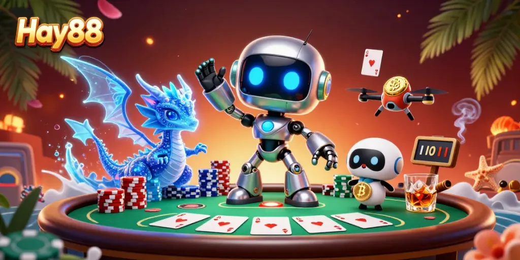 Experience the excitement of Hay88 with a vibrant 3D illustration of a cyberpunk robot mascot, poker elements, and dynamic game atmosphere