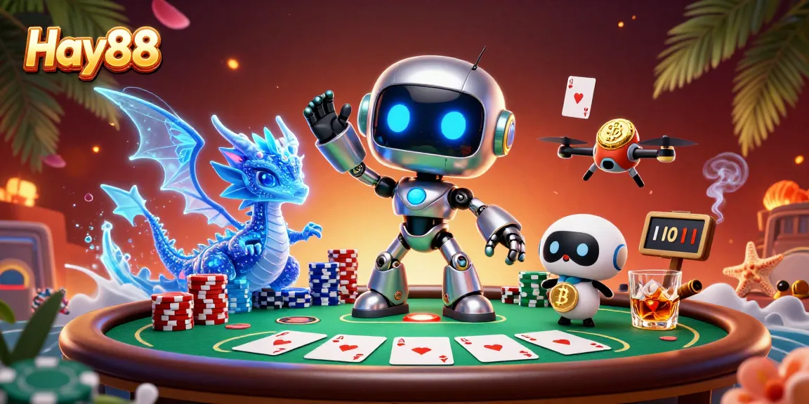 Experience the excitement of Hay88 with a vibrant 3D illustration of a cyberpunk robot mascot, poker elements, and dynamic game atmosphere