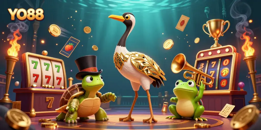 Experience the exciting world of YO88 with a vibrant, dynamic illustration featuring colorful slot reels and lively characters.