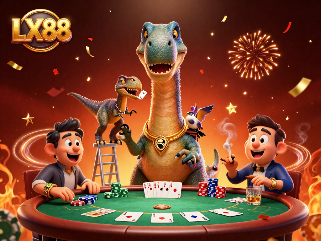 Experience the thrilling atmosphere of LX88 with a giant brontosaurus and clever raptor at a lively poker game.