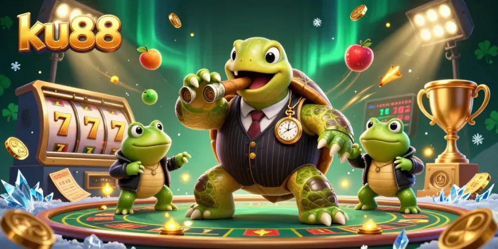 Win at ku88 with a lively scene of a snapping turtle in a casino setting surrounded by slot game elements.