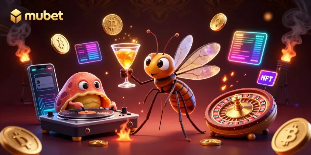 Engage with mubet at a vibrant casino scene with unique characters and crypto elements.