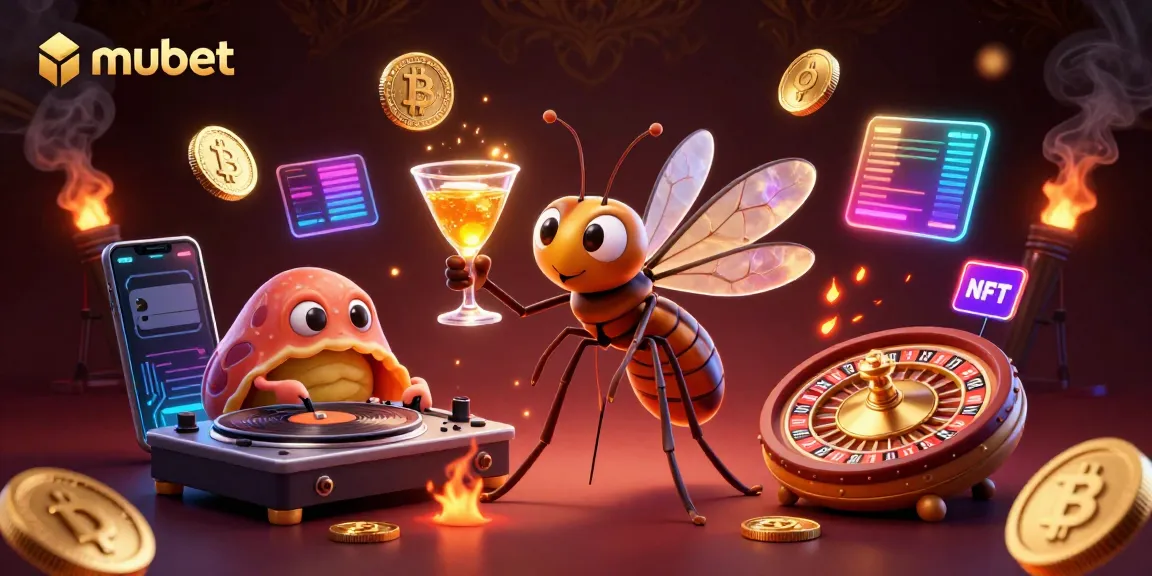 Engage with mubet at a vibrant casino scene with unique characters and crypto elements.