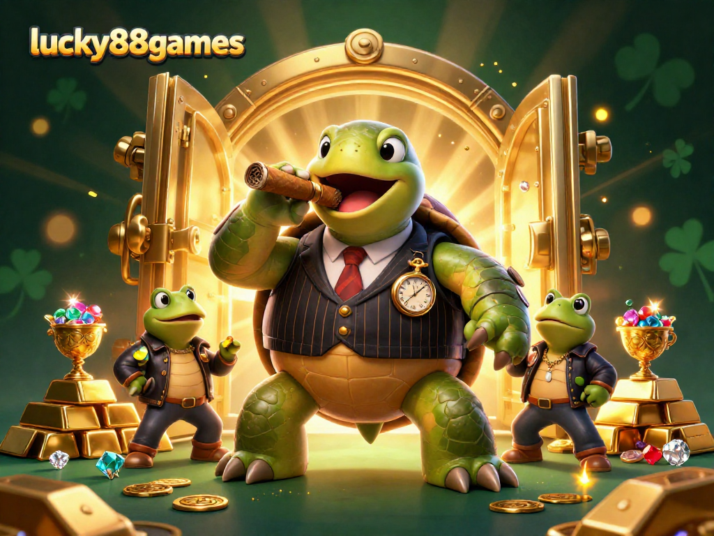 Win exciting rewards with lucky88games in this vibrant casino-themed illustration featuring action-packed characters.