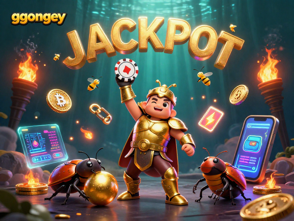 Experience ggongey gaming with a victorious beetle, golden coins, and neon crypto elements.