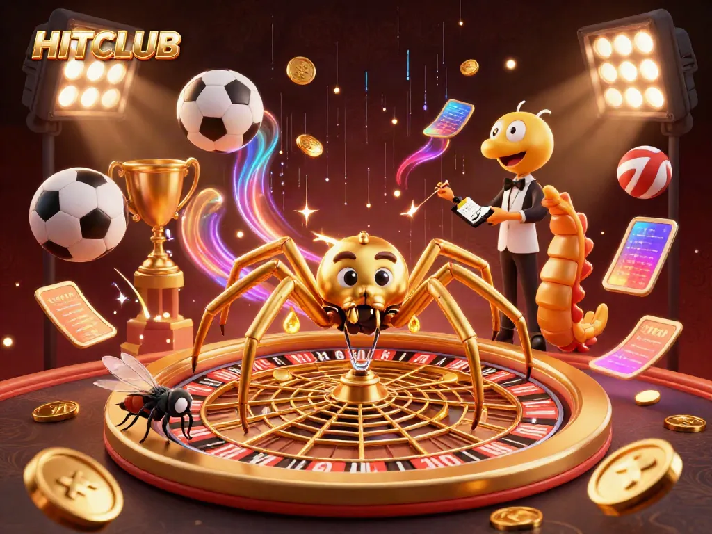 Place your bets with HITCLUB in a dynamic casino-themed scene featuring a roulette wheel and gaming elements.