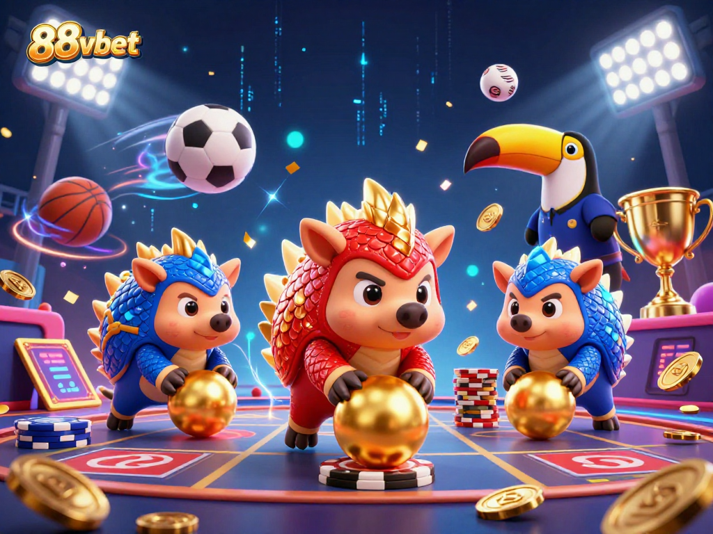 Experience thrilling action at 88vbet with pangolins rolling through poker chips in a vibrant casino scene.