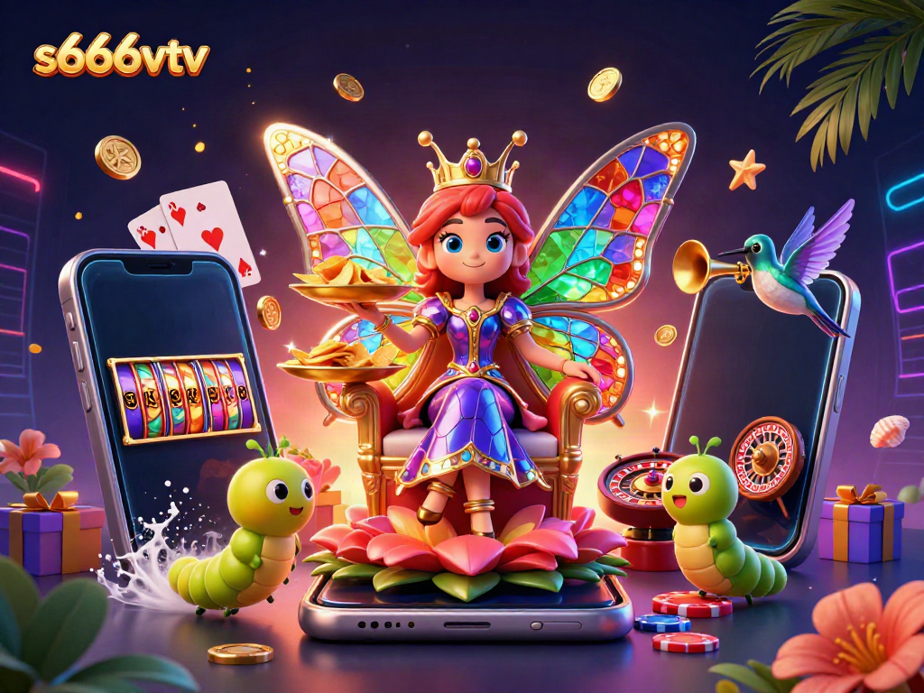 Experience the vibrant world of s666vtv with a whimsical casino scene featuring a butterfly queen and gaming elements.