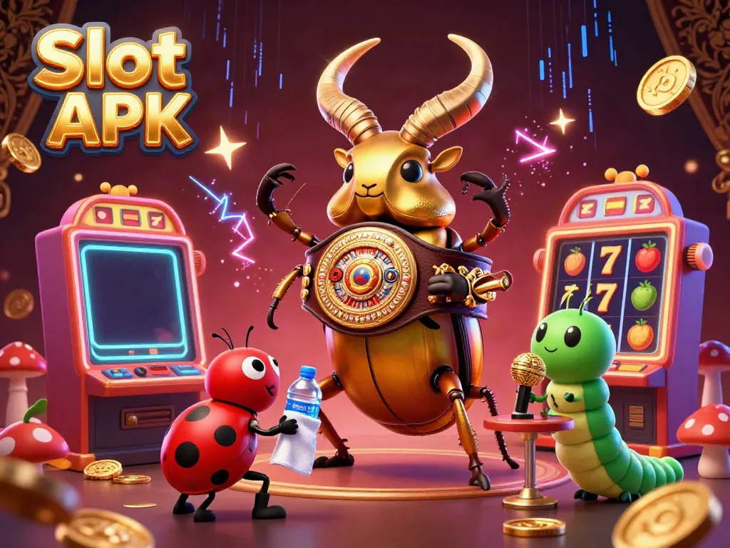 Engage with Slot APK slot reels in a vibrant casino-themed cartoon illustration featuring lively characters.
